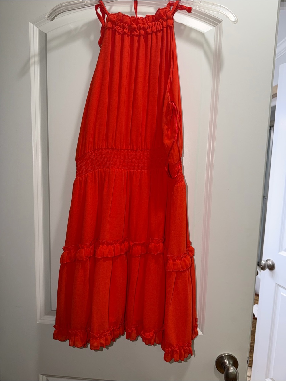 Bright Red  and orange color Ruffle Tiered Mini Dress with Smocked Waist